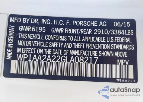 2016 Porsche Cayenne z USA, uszkodzony, nr VIN WP1AA2A22GLA08217